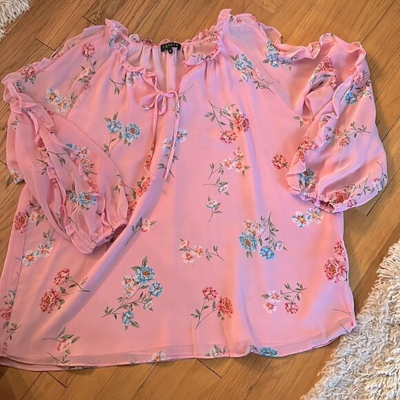 New 1. STATE pink floral ruffled cold shoulder georgette blouse plus size 2X - Picture 1 of 8